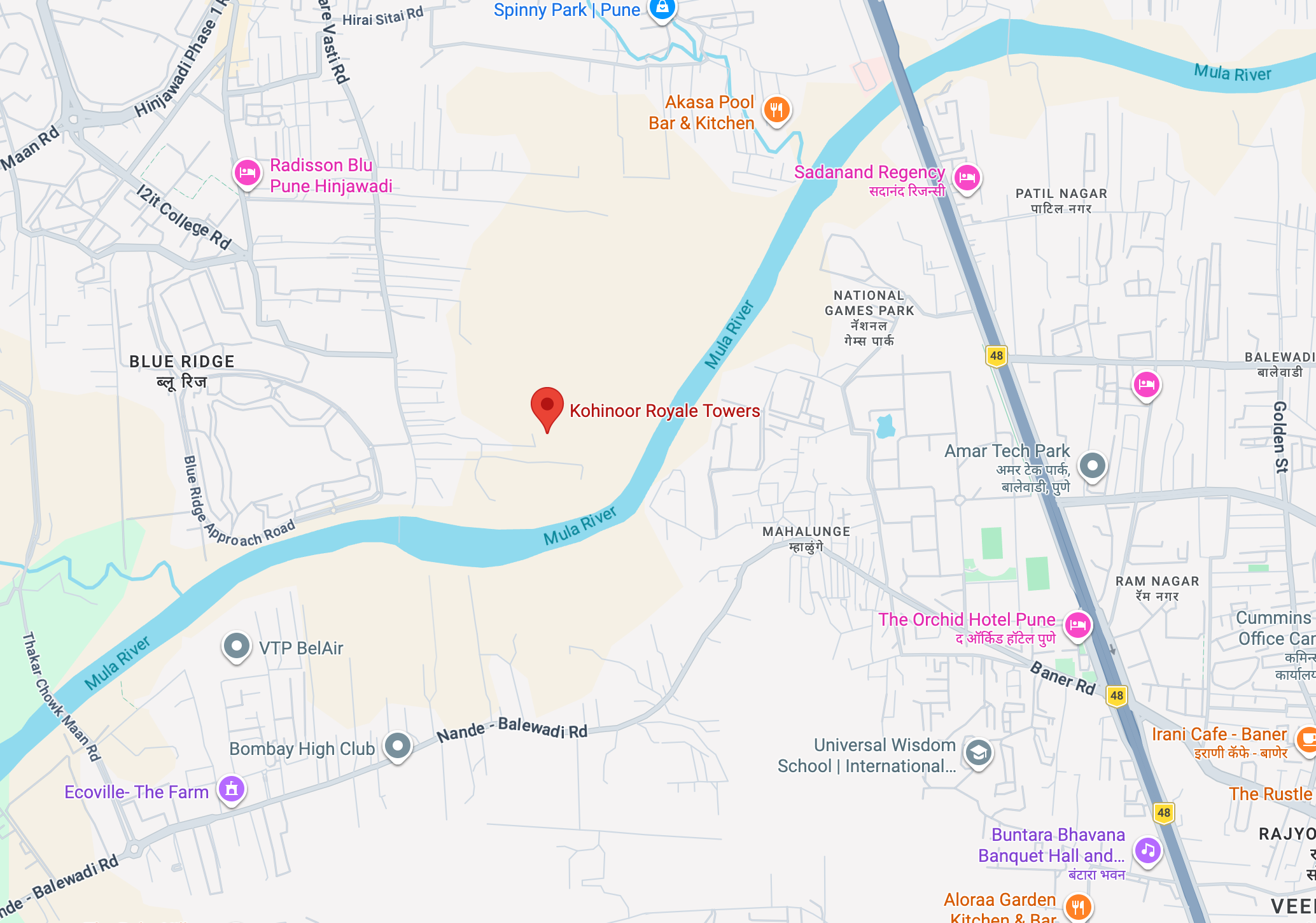 Map showing Kohinoor Royale Towers, Hinjewadi Phase 1, Pune